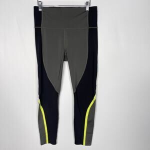 Athleta Medium M Gray Black Spar Colorblock 7/8 Tight Leggings Neon Yellow Trim